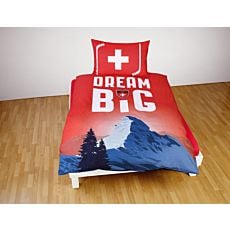 Linge de lit avec montagne et inscription "Dream Big" sur fond rouge