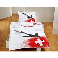 Linge de lit avec footballeurs et croix suisse sur fond blanc