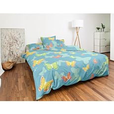 Parure de lit avec papillons multicolores sur fond turquoise