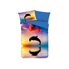 Parure de lit avec dauphin sautant devant un coucher de soleil