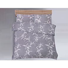 Linge de lit gris avec motif de feuilles blanches
