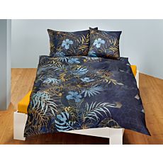 Parure de lit avec fougères et fleurs bleu-or