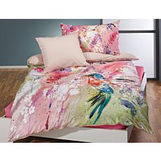 Linge de lit aux gais coloris genre aquarelle avec colibri