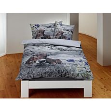 Parure de lit avec vache et chaîne de montagnes, allure lambris de bois – Taie d'oreiller – 50x70 cm