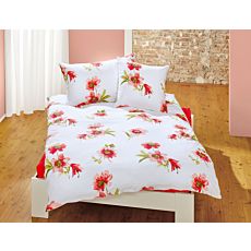 Linge de lit avec fleurs rouge-orange sur fond blanc