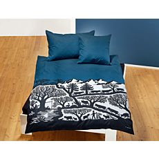 Parure de lit avec motif alpin en noir et blanc sur fond bleu