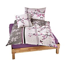 Linge de lit orné de fleurs de cerisier, en violet-anthracite