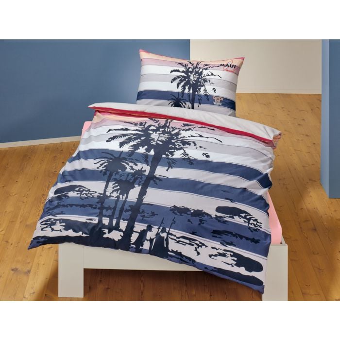 Linge de lit rayé avec grand motif de palmier main product photo