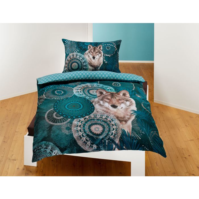 Parure de lit avec motif de mandala et de loup en beaux tons pétrole main product photo
