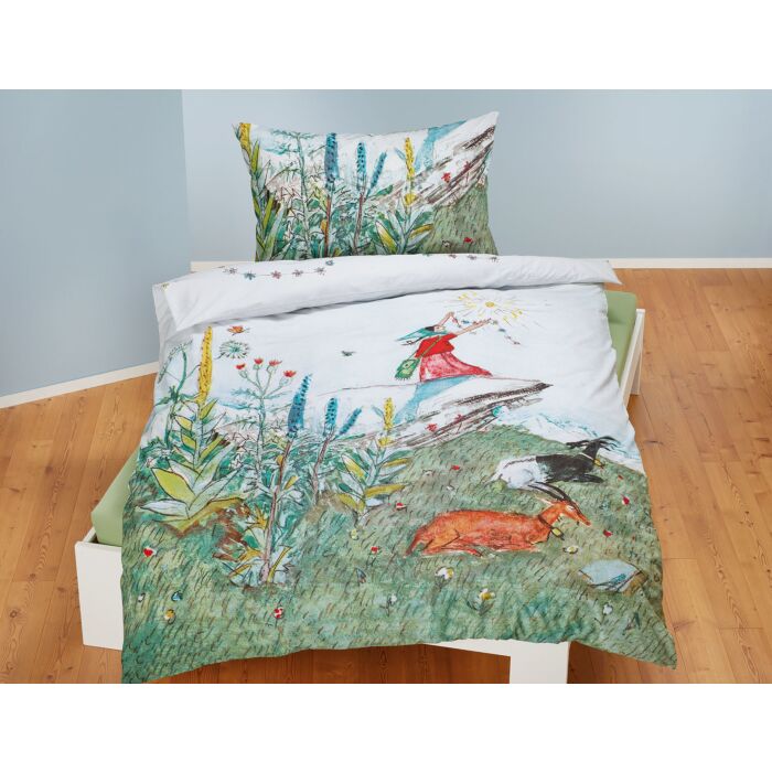 Parure de lit avec Flurina sur fond de prairie printanière