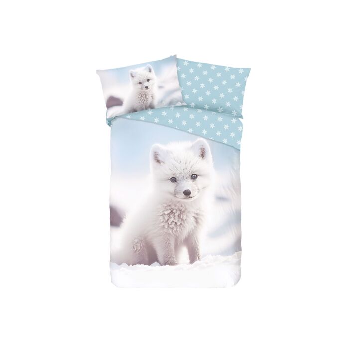 Parure de lit avec adorables renards polaires et flocons de neige main product photo