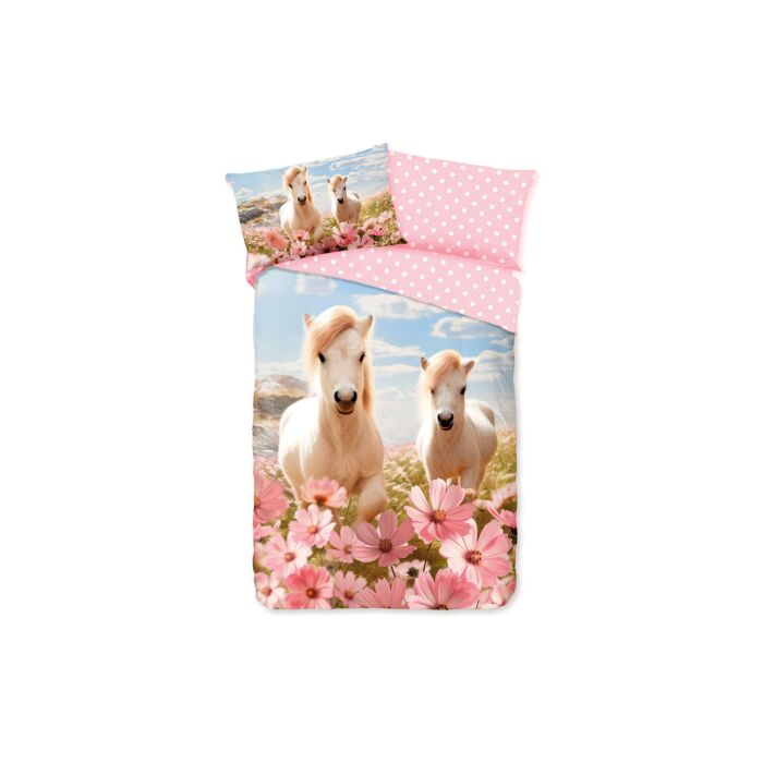 Parure de lit avec chevaux blancs et bouquet de fleurs roses main product photo