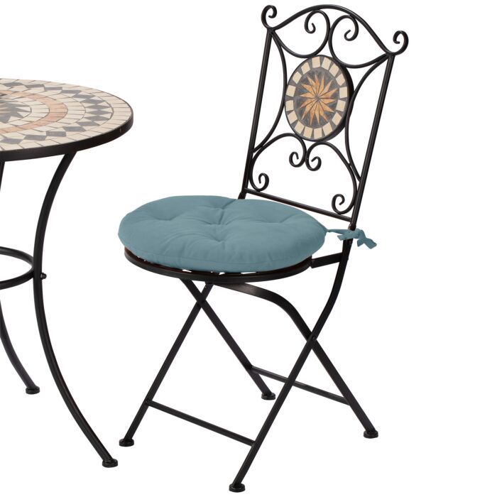 Coussin d'assise rond, rembourré et surpiqué, avec attaches