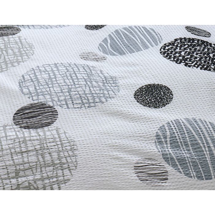 Linge de lit avec motif de cercles gris et noirs sur fond blanc