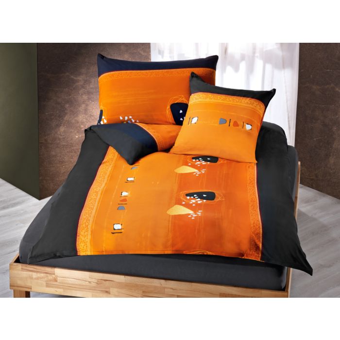 Linge de lit en orange et anthracite, orné d'un motif moderne
